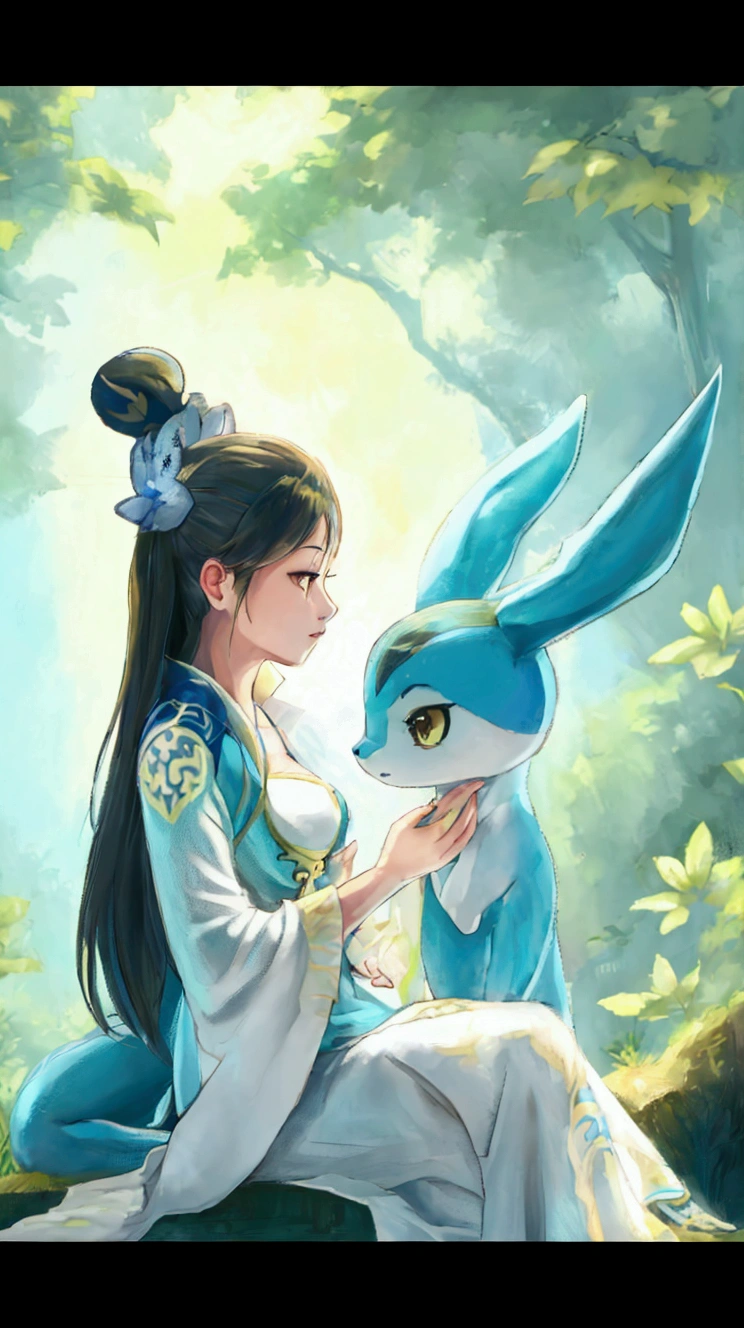 Wang yuanji playing with Vaporeon in the woods