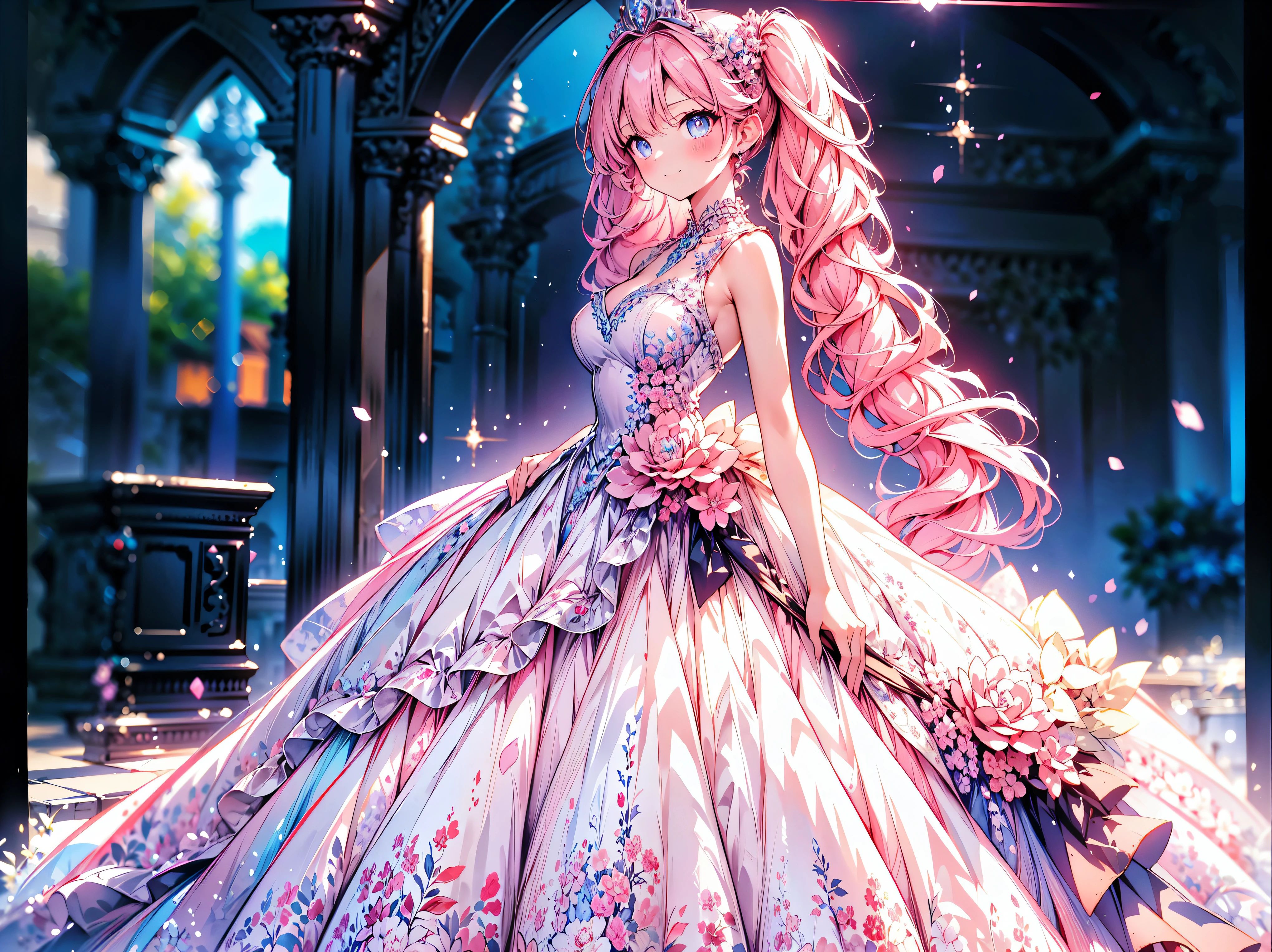 ((Superbly detailed drawing, ultra detailed, exquisite quality, absolutely resolution)), ultra luxurious rococo victorian gown, huge hoop skirt with volume and expanse, princess style skirt with long hems, extremely complex and difficult understand structure, and ultra multi structured ruffles at ultra detailed and beautiful, finest gown,  
BREAK 
((fluffy long twintails)), super voluminous long expressive, asymmetrical bangs, (hair pink hair), tiara, huge breasts, happy smile, super detailed skin, super delicate and beautiful face, kawaii face, hyper detail face, slant eyes, 
BREAK 
 (eyes blue eyes), (blurry background:1.5), (depth of field), backlighting, caustics, ((fog, fantasy castle)), (dynamic angle:1.3), amazing digital paint, anime moe art style, magnificent panorama view, 
BREAK 
 (((young face solo princess)), ((looking at viewer, from above, leaning forward)), ((front view)), (((arms behind back))), ((full body)),