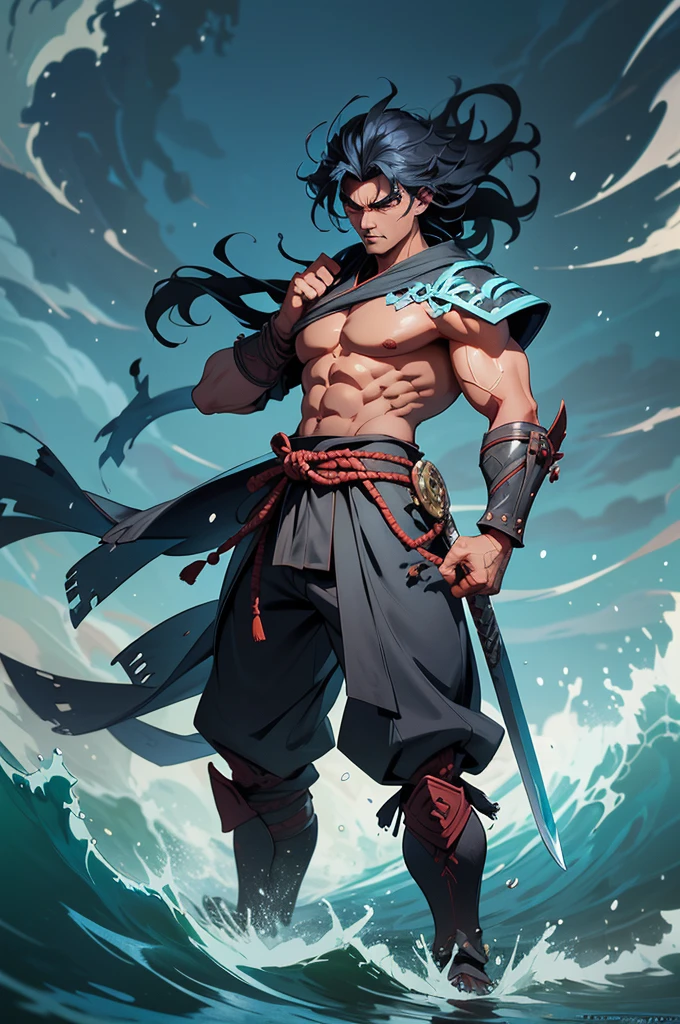 Create an image of a slightly muscular 19 year old white male with black hair, just like Miyamoto Musashi from Vagabond, eyes browns, looking tired and angry, com altura de 1.80 meters, wearing light black clothes covering the body and a cape, holding a katana near a lake at night