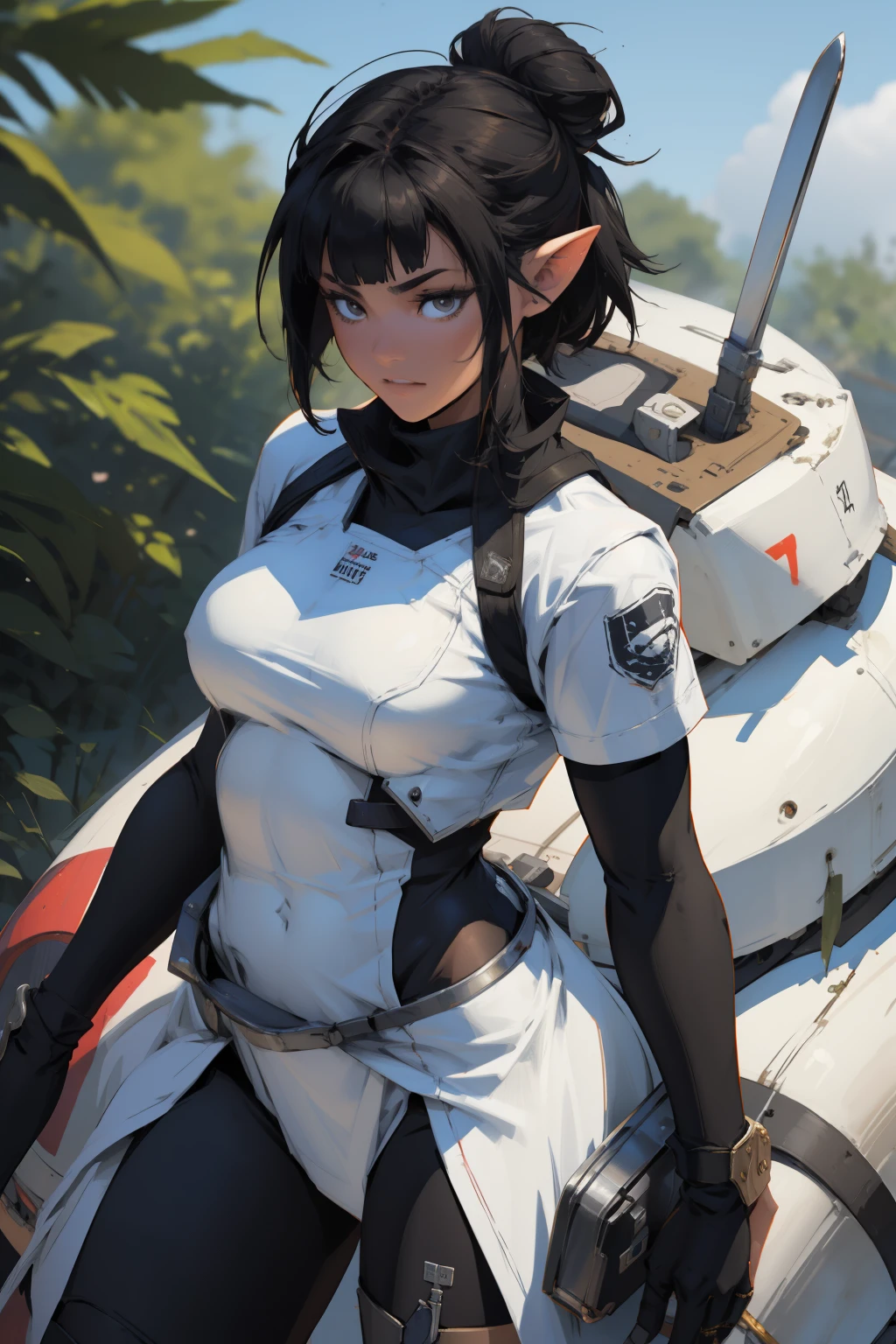 anime girl with a sword and a helmet on her back, kantai collection style, kawacy, konpeki no kantai, mechanized valkyrie girl, female action anime girl, kancolle, guweiz, anime visual of a cute girl, by Akihiko Yoshida, mechanized soldier girl, from arknights, clean detailed anime art LAUFEN, SHORT HAIR, DOUBLE BUN, BLUNT BANGS