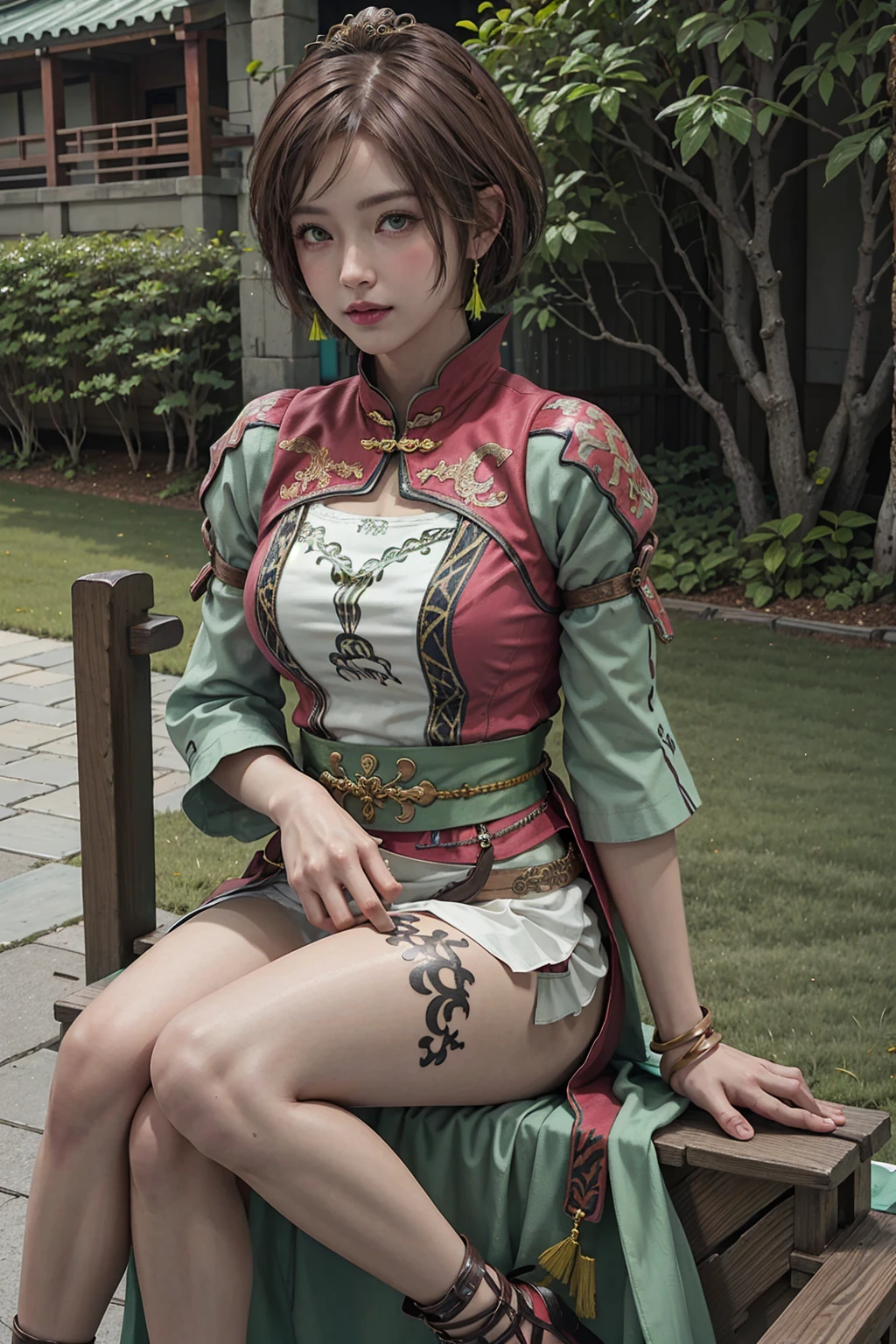  Photorealistic,    High resolution   , miss, Shining Skin,  Unique, Tattoo, Jewelry,   pink lips  , Short hair,  brown hair ,   green eyes, residence,    hip up   , Green Hanfu，Ancient Chinese Background