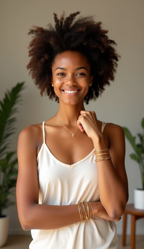 (Maintain the face of the previous prompt) An ultra hot young beautiful African woman, age 20, black curly hair, height 5′ 6″, wearing a gray crop top and branded yoga pants, lululemon, summer, comfy, sitting next to a large window, pillows, penthouse, taking a selfie, subject focus, smiling, perfect lighting, makeup, 24mm, 4k textures, looking at camera, making eye contact, realistic, 8k, dslr, Perfect anatomy, perfect hair, perfect breast, perfect body, wide hips, thick thighs, big ass,