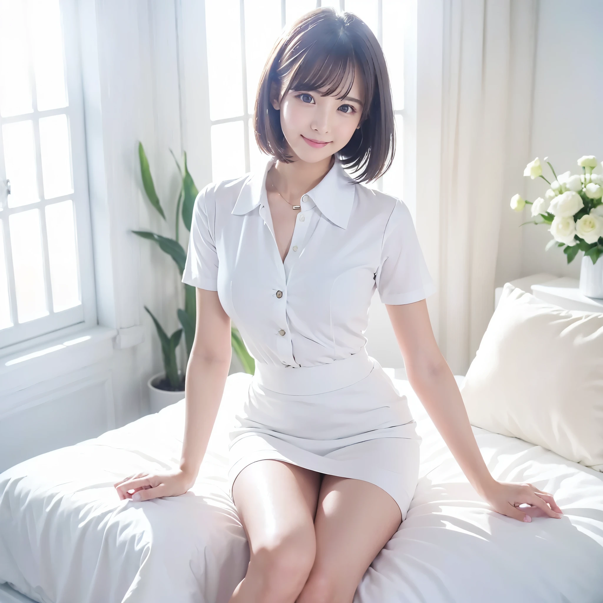 (Highest quality、masterpiece:1.9)、((Neat and clean female college student、1 person))、Soft lighting by a professional photographer、Natural light、((Very spacious white luxurious room:1.6))、((Bright white room:1.6))、(Sitting on a very luxurious white bed:1.2)、(White Bookcase:1.1)、Natural soft light、((Black Hair:1.1))、Detailed Eyes、double eyelid、Slightly puffy cheeks、((Small Face:1.0))、((Check One Piece、Grey mini skirt、Please wear it with the chest open.:1.1))、(smile)、((Girly pose 1.8))、High resolution,、((Short Hair:1.2))、((Full Body Shot:1.2))、Live-action image quality、((Height: 150cm))、Hands in front、Hide your hands between your legs、(bangs:1.1)、