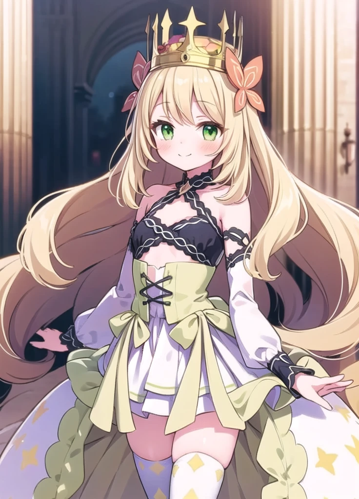 1girl, solo, masterpiece, best quality, perfect hands, smile, blush, closed mouth, celine_engage, blonde hair, very long hair, curly hair, crown, hair ornament, green eyes, bare shoulders, dress, detached sleeves, bow, white thighhighs, long sleeves, zettai ryouiki, flower, butterfly hair ornament