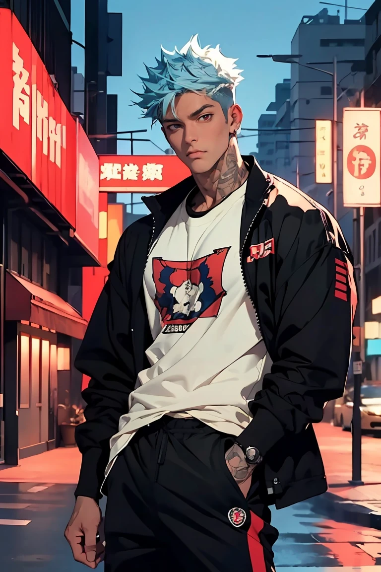 highest quality, 8K, high resolution image, anime style Jujutsu Kaisen, (Ban / Nanatsu no Taizai), dark skin, sword master, detailed strokes, bored look, blurry, purple light reflecting from it, 1 man , young, male, strong man, trained man, cool guy, multicolored background with different geometric shapes, around stickers, muscular, blue hair, red eyes, spiky hair, furry hair, black bandages, swollen chest. he is wearing a large loose sports jacket and a simple white loose-fitting t-shirt and a black pants, background: city, street, cars, taxi, people,