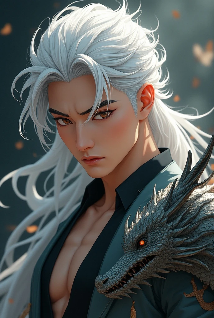 Anime art of a handsome white haired Chinese guy half a dragon
