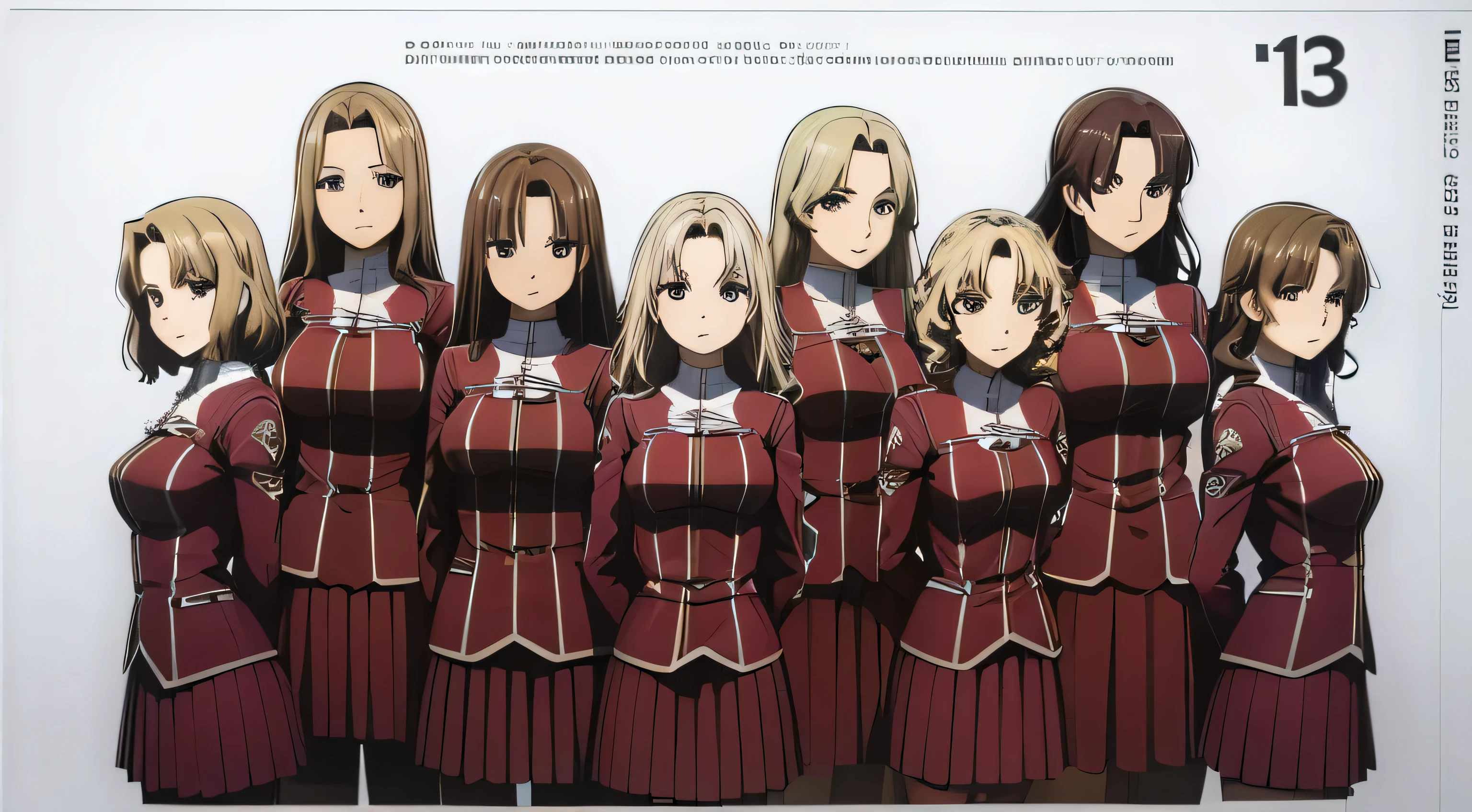 masterpiece, high quality, Multiple girls, organization, Same sisters, Blonde Hair, curls, (brown haired sisters, Blonde sisters, many sisters, Match hairstyle, different hair colors), Hazel eyes, Medium bust, ((Matching Clothing, Uniforms)), Smile, flat_color, Same height, organization pose, Back to back,