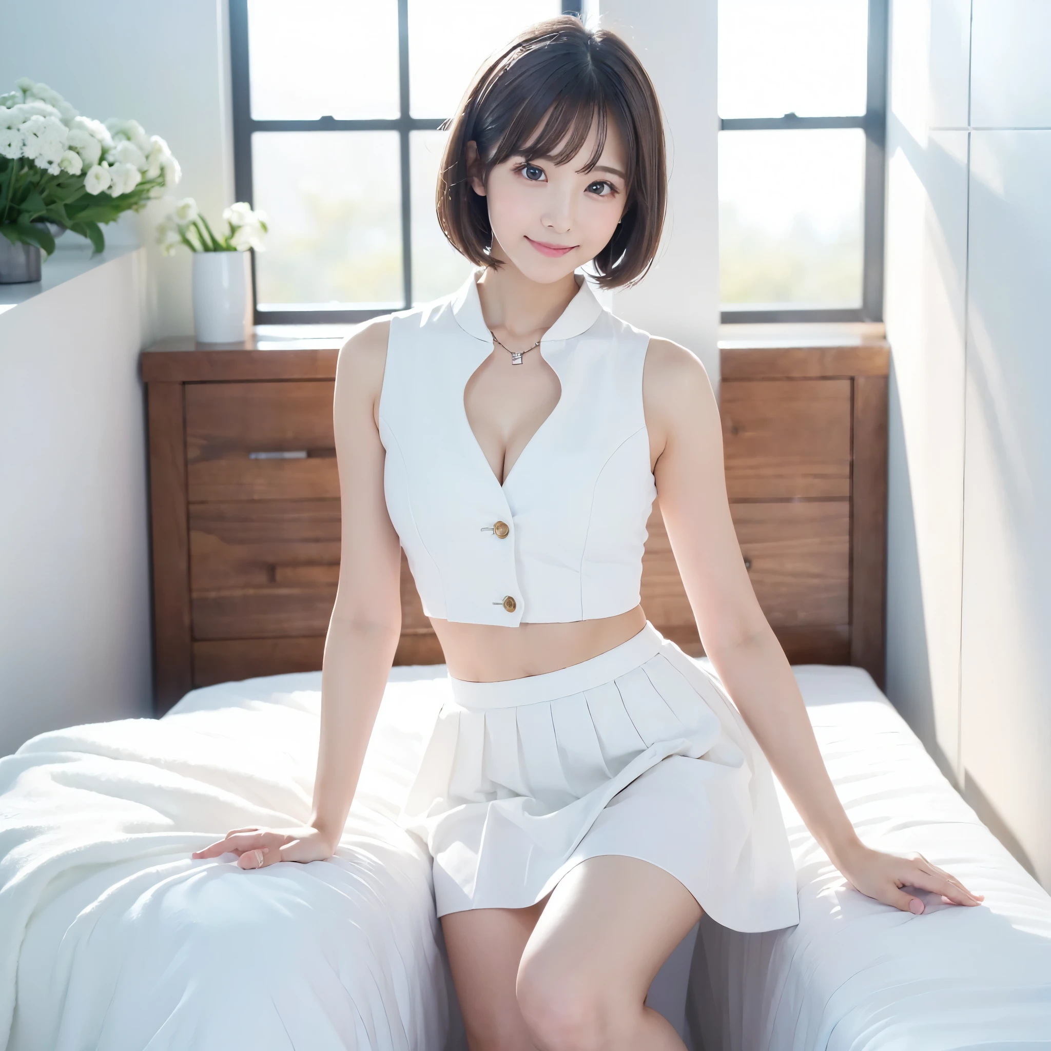 (Highest quality、masterpiece:1.9)、((Neat and clean female college student、1 person))、Soft lighting by a professional photographer、Natural light、((Very spacious white luxurious room:1.6))、((Bright white room:1.6))、(Sitting on a very luxurious white bed:1.2)、(White Bookcase:1.1)、Natural soft light、((Black Hair:1.1))、Detailed Eyes、double eyelid、Slightly puffy cheeks、((Small Face:1.0))、((Check One Piece、Grey mini skirt、Please wear it with the chest open.:1.1))、(smile)、((Girly pose 1.8))、High resolution,、((Short Hair:1.2))、((Full Body Shot:1.2))、Live-action image quality、((Height: 150cm))、Hands in front、Hide your hands between your legs、(bangs:1.1)、