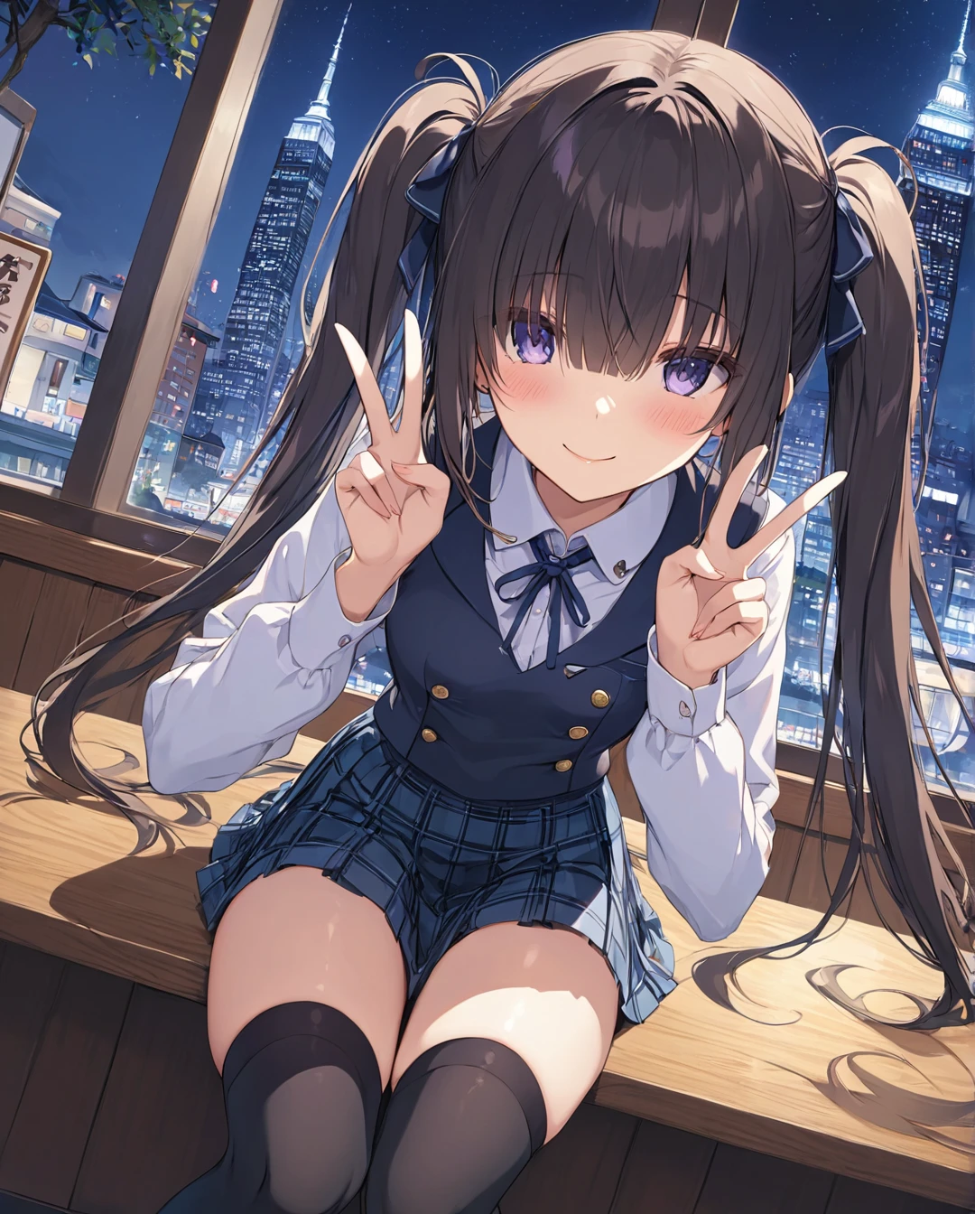 1girl,AIU,dramatic angle,blush,(no eyes,hair over eyes),Masterpiece,ultra detailed,8k,best quality,novel illustration,student uniform,plaid skirt,slender,twin tails,blunt bangs,ultra detailed face,nice smile,hand peace sign,black thighhighs, A bustling restaurant at night,Squat with your knees raised,straight-on