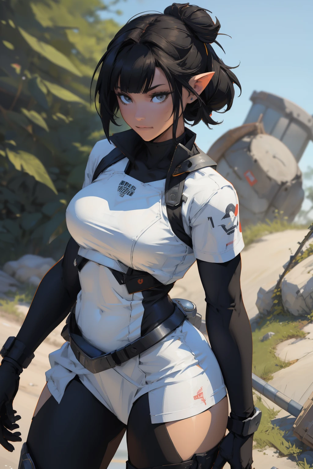 anime girl with a sword and a helmet on her back, kantai collection style, kawacy, konpeki no kantai, mechanized valkyrie girl, female action anime girl, kancolle, guweiz, anime visual of a cute girl, by Akihiko Yoshida, mechanized soldier girl, from arknights, clean detailed anime art LAUFEN, SHORT HAIR, DOUBLE BUN, BLUNT BANGS