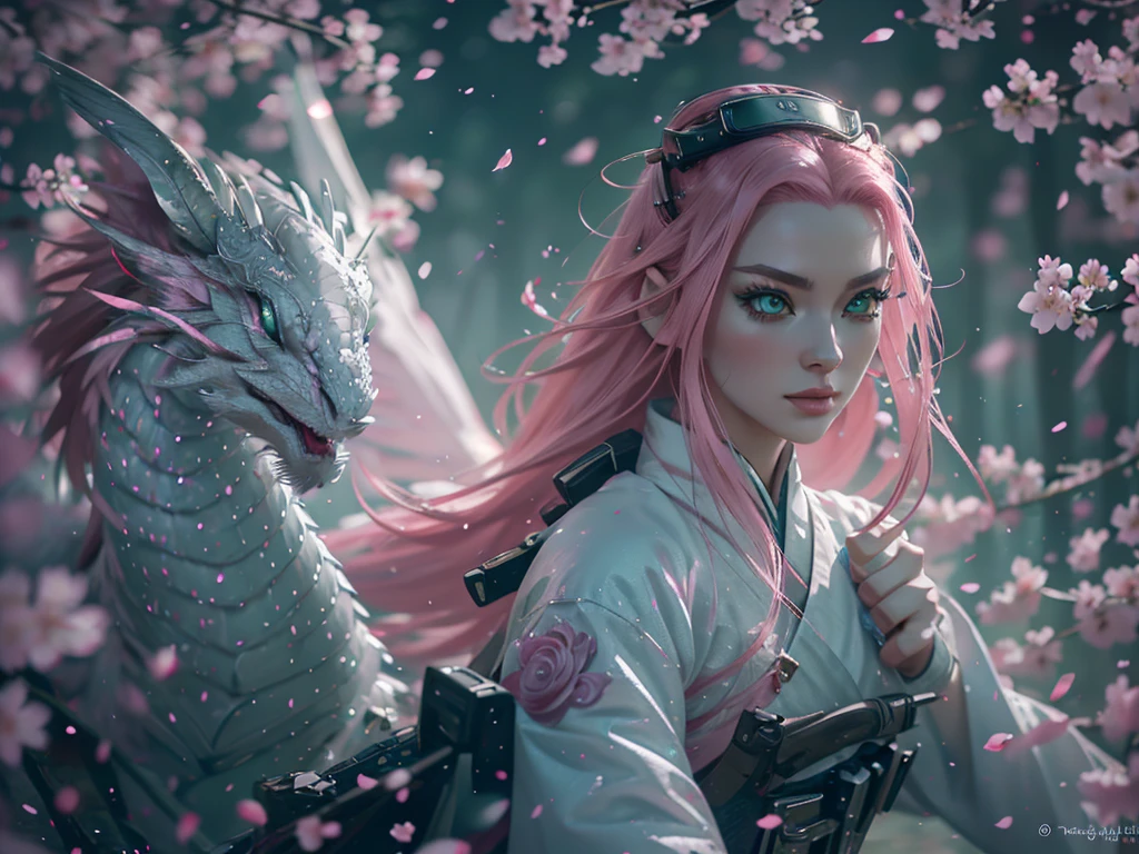 A woman with long pink hair and bright green eyes surrounded by cherry blossom trees, in front of a white dragon, green eyes, and large white wings, the dragon has a pearlescent glow, (best quality,4k,8k,highres,masterpiece:1.2),ultra-detailed,(realistic,photorealistic,photo-realistic:1.37),extremely detailed eyes and face,longeyelashes,beautiful detailed eyes,beautiful detailed lips,1girl,fantasy,cherry blossom trees,white dragon,green eyes,pearlescent,detailed landscape,vivid colors,dramatic lighting