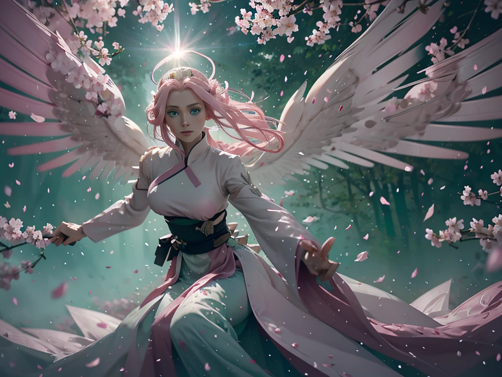  woman with long pink hair and bright green eyes in the middle of a clearing surrounded by cherry blossom trees,  wind carrying petals ,  in front of it is a beautiful white dragon , uma femea,  its enormous green eyes , and big white wings ,  the dragon has a pearlescent sheen ,  it emanates light and power 