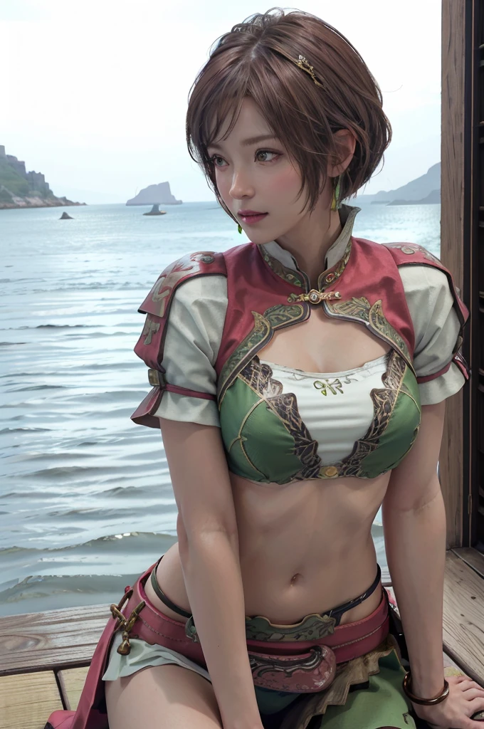  Photorealistic,    High resolution   , miss, Shining Skin,  Unique, Tattoo, Jewelry,   pink lips  , Short hair,  brown hair ,   green eyes, residence,    hip up   , green Hanfu sling bikini armor，kneel，Seaside background