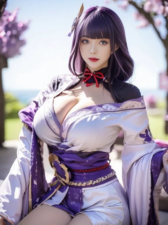 Raiden shogun, fine clothes, white clothes, blunt bangs, single braid, gigantic breasts, Kimono with wide cleavage and wide sleeves, Nice hair accessories for everyday clothing, red belt, purple hair, very long hair, straight hair, delicate face, cold face, looking at the audience, beautiful eyes, Delicate purple eyes, skirt, Cherry bloosom, Physically based rendering, original photo, highly detailed back ground, high resolution, view, front, face close-up, front lighting