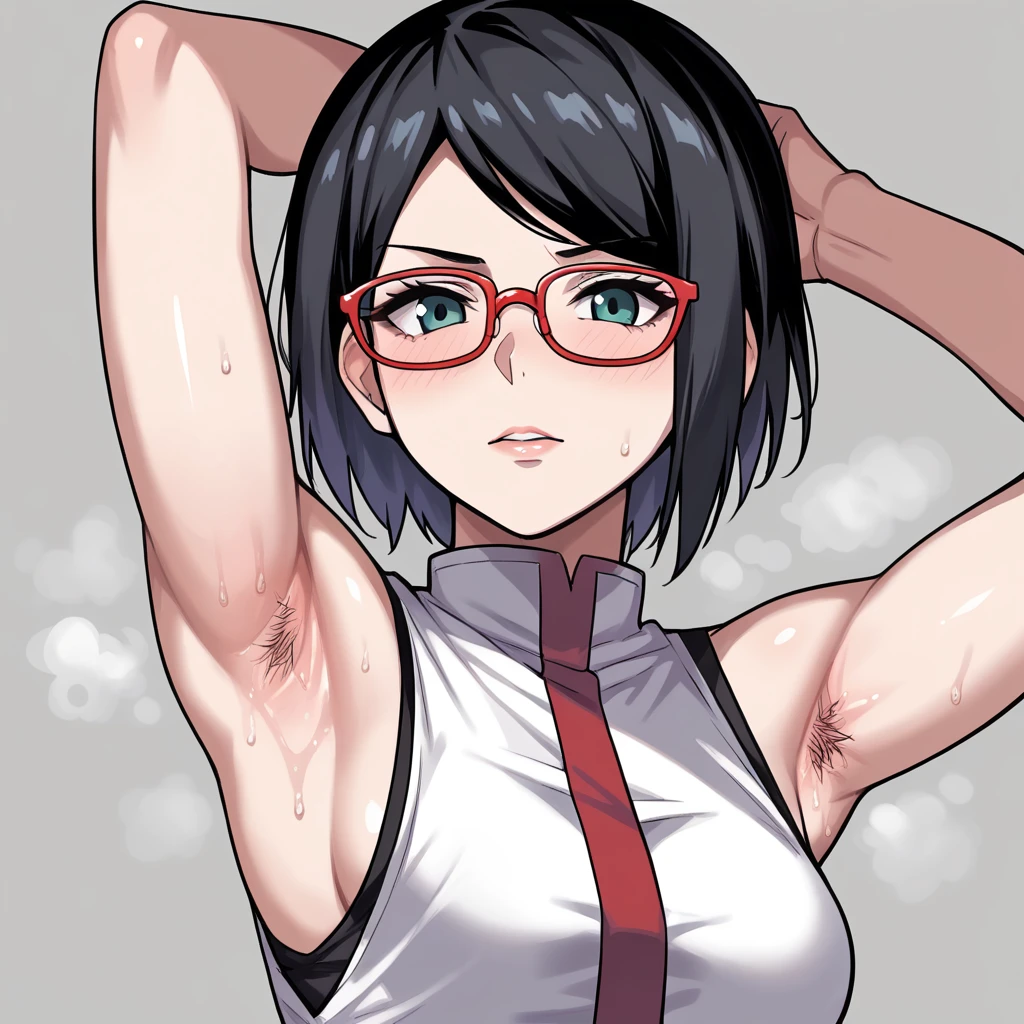 BORUTO,sarada uchiha, short hair, black hair, black eyes, red-framed eyewear, glasses, swept bangs,(Armpit,Armpit smell 脇の皺1.1),Armpit hairy, 恥ずかしい