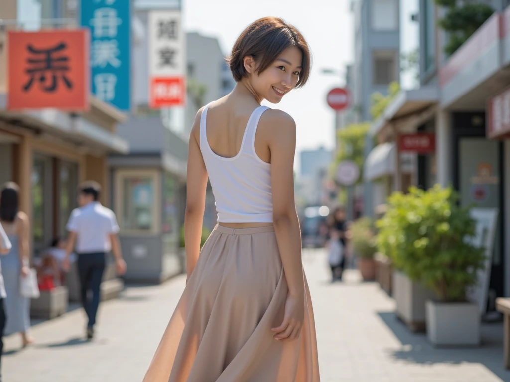  Japanese、woman、 Short Hair、Smile、 tank top 、From the side　Around town　 long skirt