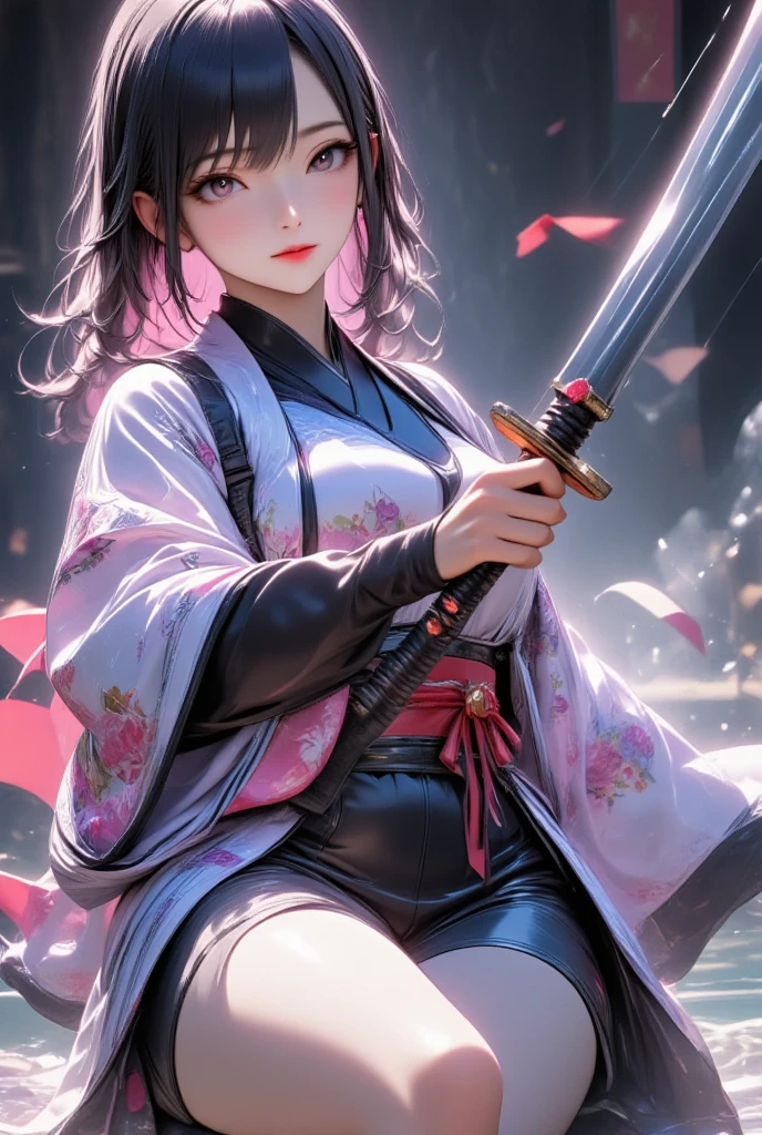 One young and beautiful woman,(Best Quality, Extremely Detailed Description , Incredibly Absurd Hi-Res),(Anime Samurai Girl ),(kimono,Hakama,Long sword:1.3),(Black Eyes,Black Hair, half-closed eye:1.1,sweat,Beautiful legs,Curvaceous Body, shiny skin, Poses Waving a Sword :1.5, is holding a sword:1.3,Shining Steel Blade:1.3,Sword,),Full body image, anime picture ,Side view,background:Riverside,Natural Light,Focus on the sword 