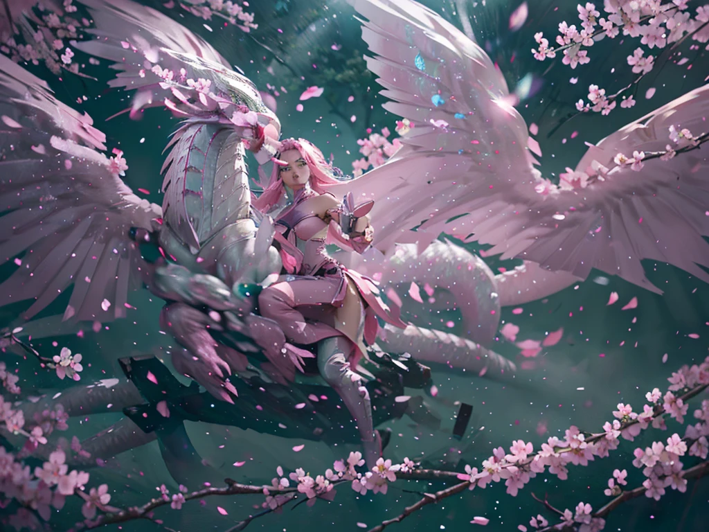 A woman with long pink hair and bright green eyes surrounded by cherry blossom trees, in front of a white dragon, green eyes, and large white wings, the dragon has a pearlescent glow, (best quality,4k,8k,highres,masterpiece:1.2),ultra-detailed,(realistic,photorealistic,photo-realistic:1.37),extremely detailed eyes and face,longeyelashes,beautiful detailed eyes,beautiful detailed lips,1girl,fantasy,cherry blossom trees,white dragon,green eyes,pearlescent,detailed landscape,vivid colors,dramatic lighting