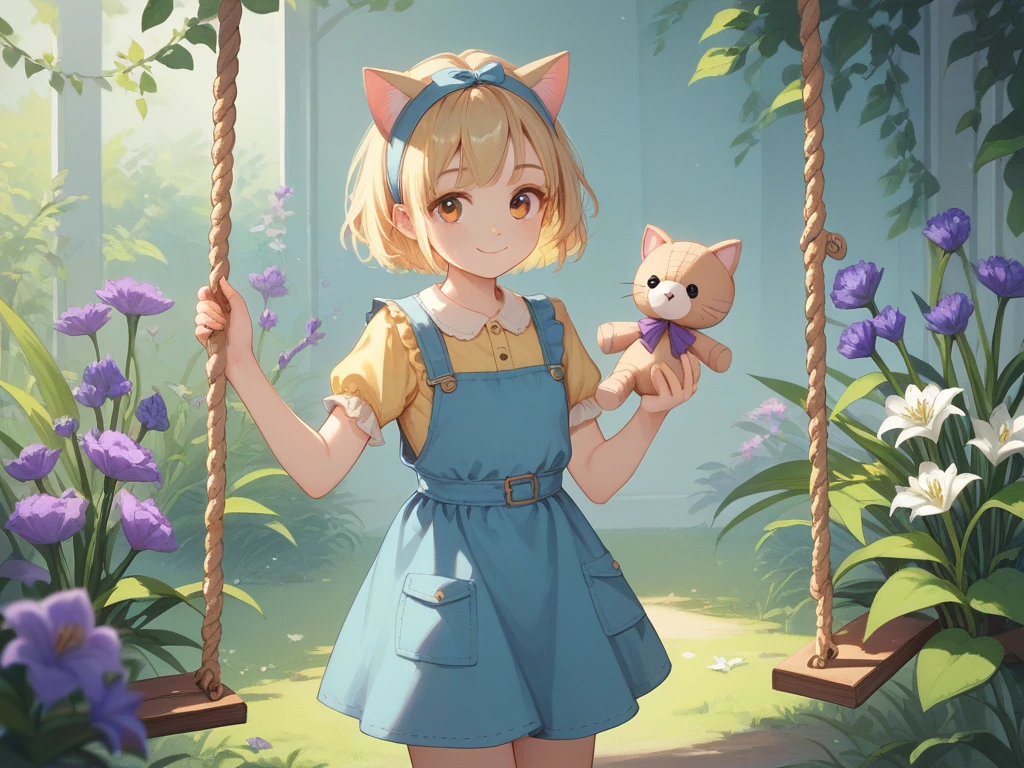 1girl, solo, short hair, no bangs, blonde hair, short sleeves, blouse, headband, ribbon, holding, cat ears, standing, closed mouth, smiling, blue hair, lily, ruffles, yellow dress, kitten ears, pinafore, plush toy, stuffed animal, purple flower, blue pinafore, posy, holding flower, swing, stuffed kitty, holding stuffed toy, holding posy.
