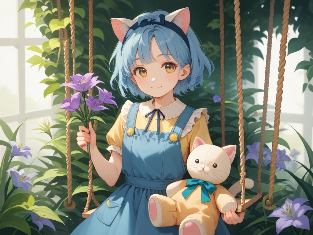 1girl, solo, short hair, no bangs, blonde hair, short sleeves, blouse, headband, ribbon, holding, cat ears, standing, closed mouth, smiling, blue hair, lily, ruffles, yellow dress, kitten ears, pinafore, plush toy, stuffed animal, purple flower, blue pinafore, posy, holding flower, swing, stuffed kitty, holding stuffed toy, holding posy.
