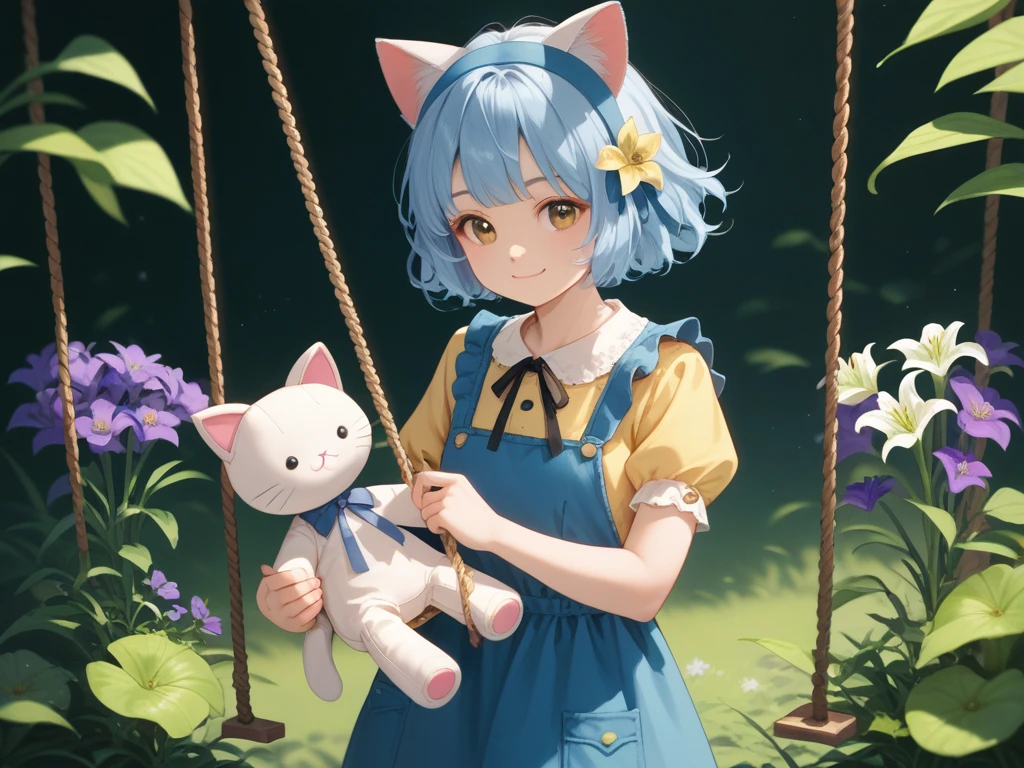 1girl, solo, short hair, no bangs, blonde hair, short sleeves, blouse, headband, ribbon, holding, cat ears, standing, closed mouth, smiling, blue hair, lily, ruffles, yellow dress, kitten ears, pinafore, plush toy, stuffed animal, purple flower, blue pinafore, posy, holding flower, swing, stuffed kitty, holding stuffed toy, holding posy.
