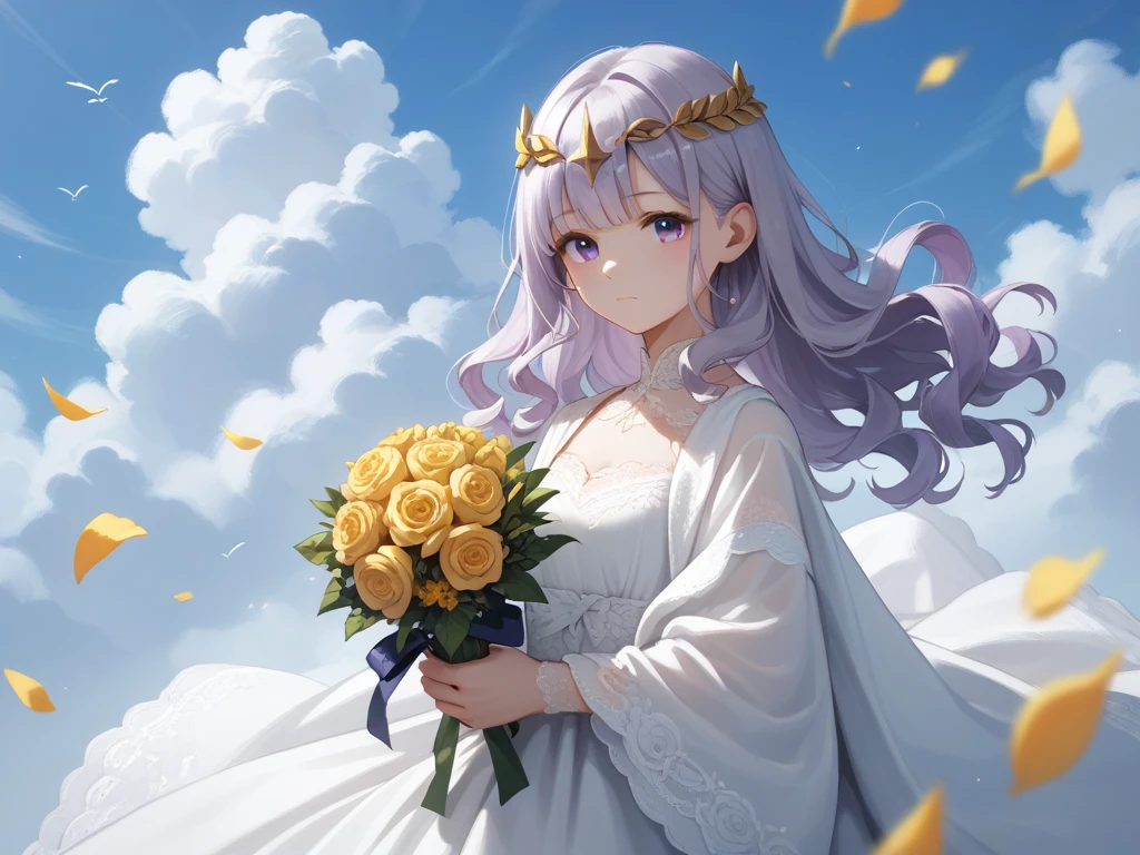 1girl, solo, wavy hair, side bangs, silver hair, long sleeves, gown, circlet, ribbon, holding, fairy ears, floating, closed mouth, serene expression, purple hair, rose, lace, white gown, fairy ears, shawl, plush unicorn, stuffed animal, golden flower, white shawl, bouquet, holding flower, cloud, stuffed unicorn, holding stuffed toy, holding bouquet.
