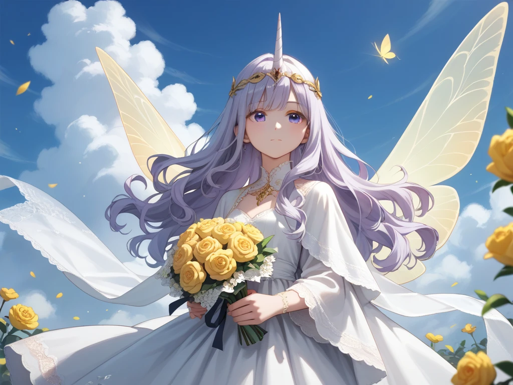 1girl, solo, wavy hair, side bangs, silver hair, long sleeves, gown, circlet, ribbon, holding, fairy ears, floating, closed mouth, serene expression, purple hair, rose, lace, white gown, fairy ears, shawl, plush unicorn, stuffed animal, golden flower, white shawl, bouquet, holding flower, cloud, stuffed unicorn, holding stuffed toy, holding bouquet.
