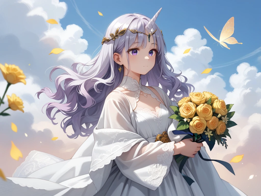 1girl, solo, wavy hair, side bangs, silver hair, long sleeves, gown, circlet, ribbon, holding, fairy ears, floating, closed mouth, serene expression, purple hair, rose, lace, white gown, fairy ears, shawl, plush unicorn, stuffed animal, golden flower, white shawl, bouquet, holding flower, cloud, stuffed unicorn, holding stuffed toy, holding bouquet.
