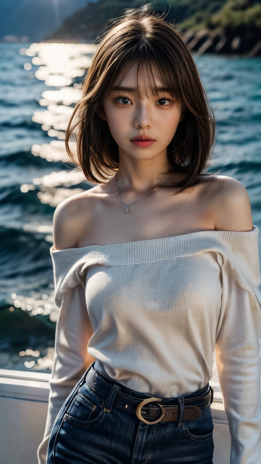 night view、Off the shoulder、 white t-shirt and jeans、Light brown hair and bangs、Elegant hairstyle、Blue Eyed Woman、A woman with a cute upward gaze、When the sky gets dark、Elegant summer knitwear、Elegant no sleave sweater、Leather Belt))、private's cute、Her ample breasts are obvious even through her clothes..、Dusk is approaching、Lens flare、I can see the sunset、((moonlight reflecting off the ocean、Ocean View、The moon shines on the sea、Small earrings、Brown Hair Color、The woman is on the right:1.4))、Luxury Leather Belts、Shiny clothes、Light beige hair color、Background Blur、Light brown hair、((Close-up shot from the waist up、Ample breasts:1.4))、Smile、Silk clothing 、Gorgeous white collared silk shirt and brown skirt、Dress elegantly、Full body photo、ring、Short skirt、Silver Necklace、smile、Highly detailed photos、Very beautiful、(8k、RAW Photos、Highest quality、masterpiece:1.2)、(Realistic、Realistic)、1 Girl、((Looking into the camera:1.4))、Hair blowing in the wind