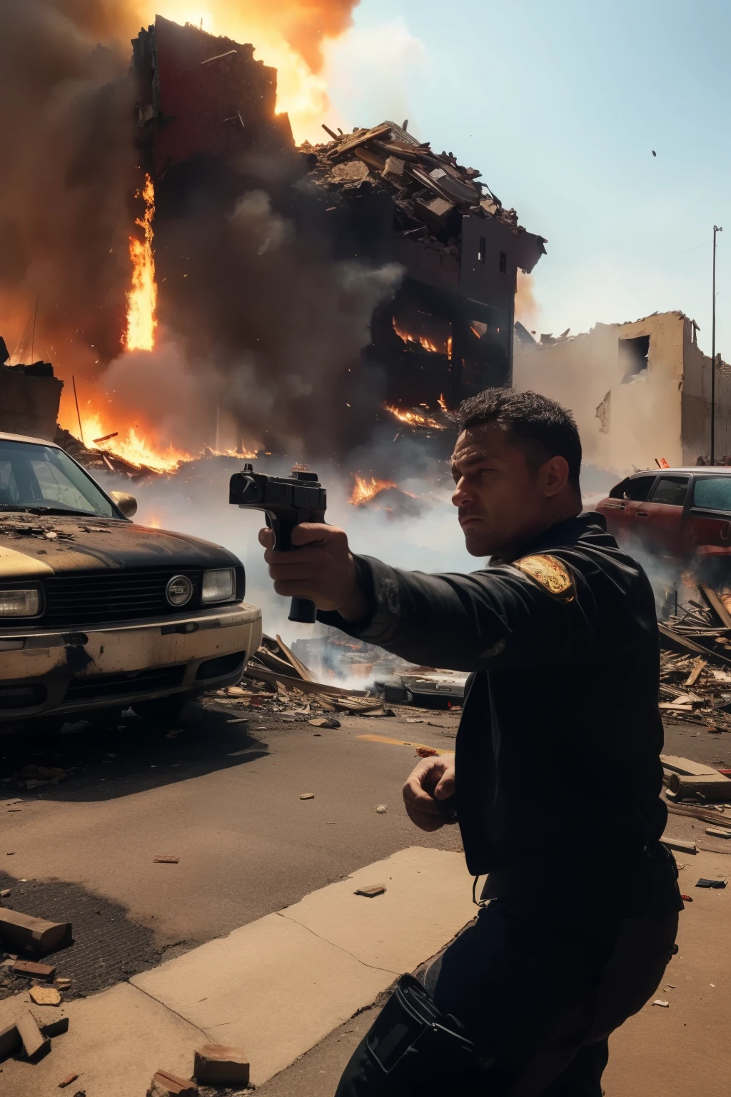 muscular mercenary firing a pistol, intense expression, detailed in worn tactical clothing, sweaty and dirty face, prominent veins on hands, urban environment in chaos and destruction in the background, fire and smoke rising among broken buildings, destroyed cars and debris scattered across the scene, cinematic depth, action scenes in motion, dramatic lighting, splashes and fragments in the air. natural light, 35mm photograph, film, professional, 4k, highly detailed, Golden hour lighting. Depth of field F2. Rule of Thirds Composition.
