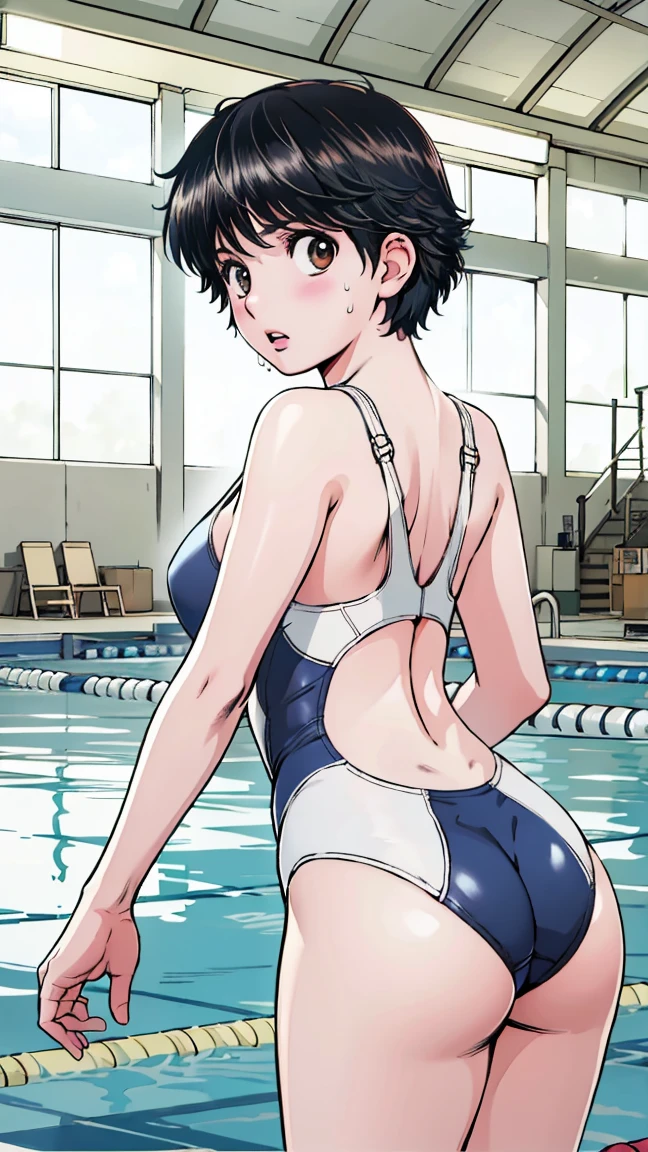  Black Hair 、( semi-long hair、 Black Hair )、 navy blue swimsuit 、(Best Quality:1.3)、 one girl playing pranks、(((Very short hair、 Black Hair )))、 cowboy shot、At the public pool、Naked butt、 big butt 、sweat、masterpiece, Best Quality,  high resolution on down, 超 high resolution on down, RTTX 10.0,  pixel perfect,  Written Boundary Depth, 4K,  very detailed、  embarrassing expression  、Viewer discretion advised、Open navy blue swimsuit、