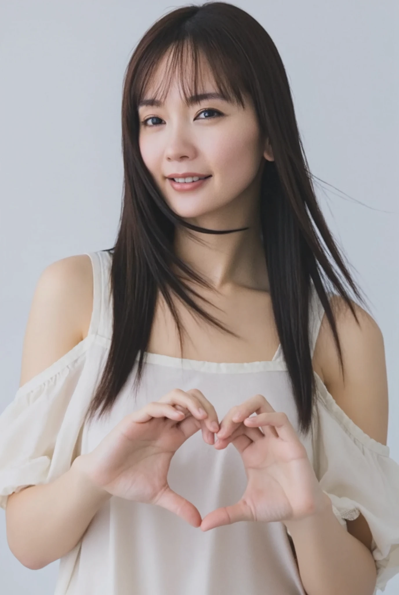 Only one woman with a cute smile wears cute, fluffy off-shoulder pajamas, makes a big heart shape with both hands, and poses them in front of her chest, View above collarbone、The background is a monotone