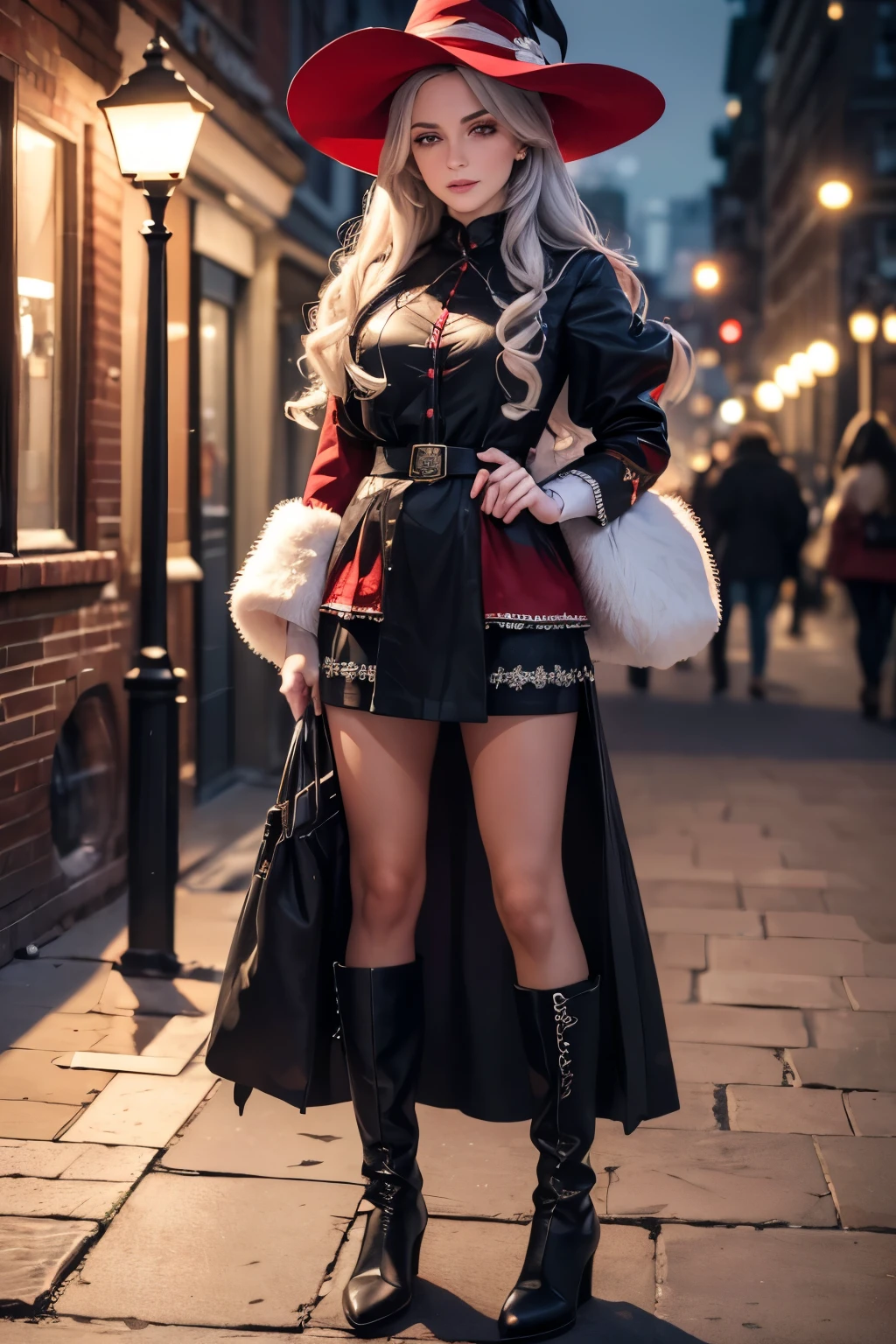 A 30 year old witch with long grey hair, wearing a red and white hat, a black boots, a red skirt and white pantyhose, standing in a winter background, holding a trolley, detailed face, beautiful detailed eyes, beautiful detailed lips, extremely detailed eyes and face, long eyelashes, (best quality,4k,8k,highres,masterpiece:1.2),ultra-detailed,(realistic,photorealistic,photo-realistic:1.37),HDR,UHD,studio lighting,ultra-fine painting,sharp focus,physically-based rendering,extreme detail description,professional,vivid colors,bokeh,fantasy,portrait