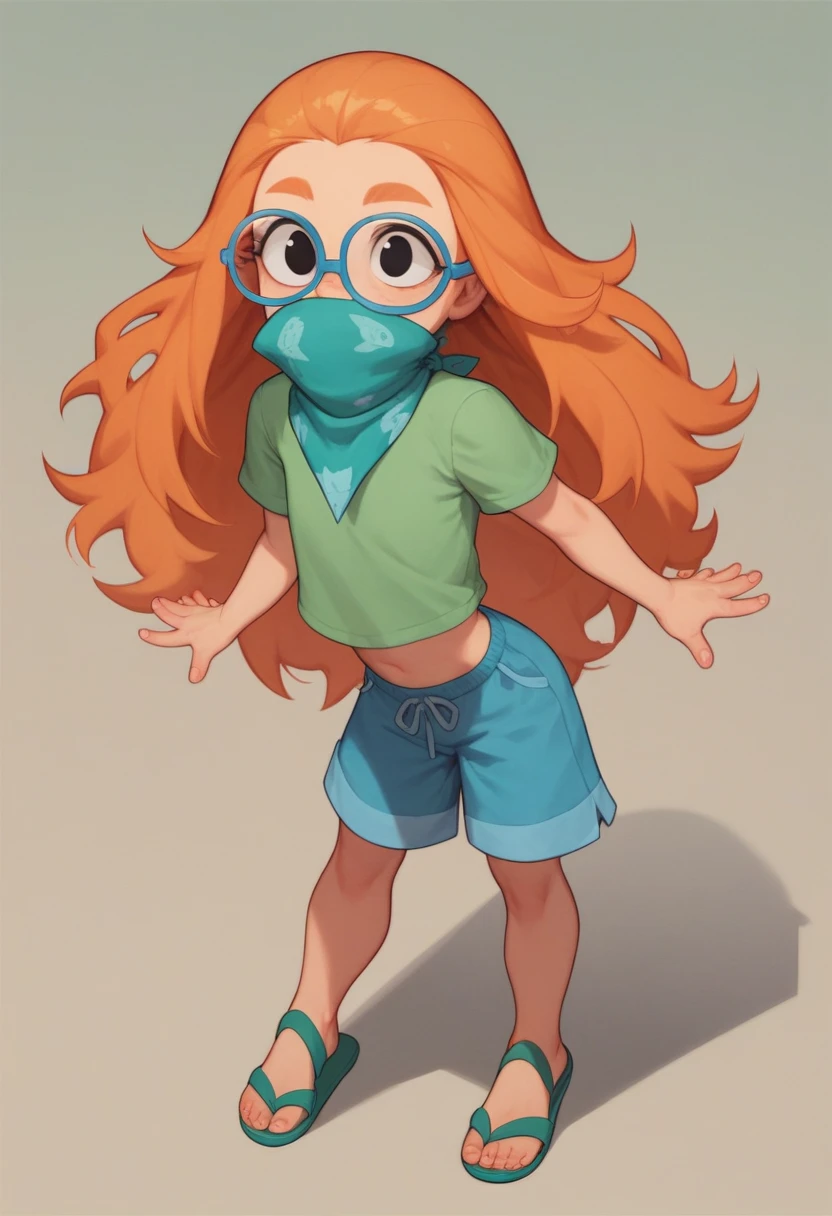 MertleEdmondsLSXL, MertleEdmonds, Mertle Edmonds, girl, , black eyes, orange hair, long hair, blue glasses, flat chest, green shirt, short sleeves, blue shorts, green sandals, light blue Mouthkerchief, light blue mouth kerchief, covered mouth with kerchief