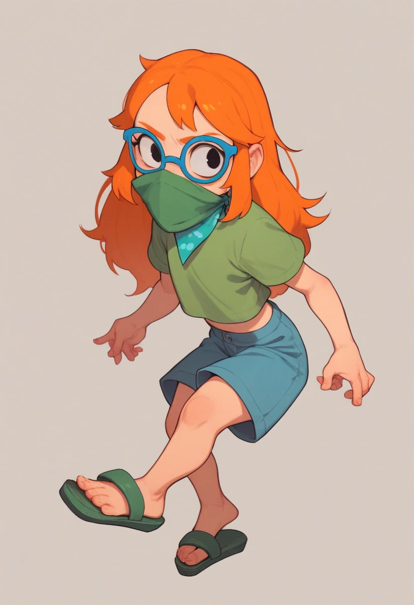 MertleEdmondsLSXL, MertleEdmonds, Mertle Edmonds, girl, , black eyes, orange hair, long hair, blue glasses, flat chest, green shirt, short sleeves, blue shorts, green sandals, light blue Mouthkerchief, light blue mouth kerchief, covered mouth with kerchief