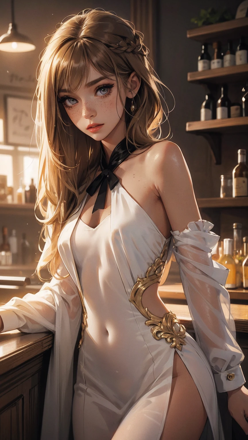 （lifelike， high - resolution：1.3）， 1 girl with a perfect body，slender body, Suprenme face and eyes， blaire ivory, lena anderson, (dark eyelashes, eyeliner), shoulder length  hair, freckles, golden brown  hair with dark roots, shoulder length hair, skinny, petite, saloon girl, saloon bartender, long torso, abdomen, sks woman
