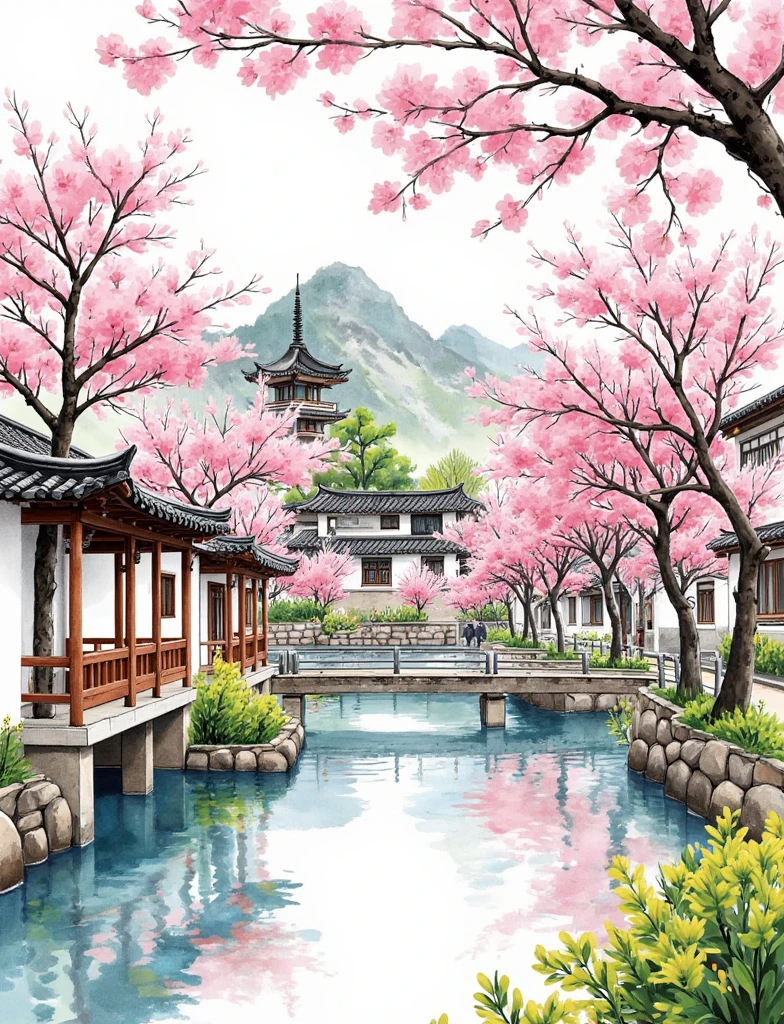 "Illustrate a serene traditional Asian garden in spring, featuring blooming cherry blossom trees, ornate pagoda structures, and a peaceful pathway with a small bridge. Use soft watercolor techniques and include the character '春' to signify the season, emphasizing natural beauty and tranquility."