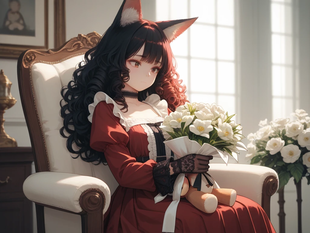 1girl, solo, curly hair, front bangs, black hair, long sleeves, dress with lace, choker, ribbon, holding, fox ears, sitting on a vintage chair, closed mouth, pensive expression, red hair, peony, frills and pleats, burgundy dress, fox ears, lace gloves, stuffed bear, stuffed animal, white flower, black lace gloves, bouquet, holding flower, antique chair, stuffed bear, holding stuffed toy, holding bouquet.
