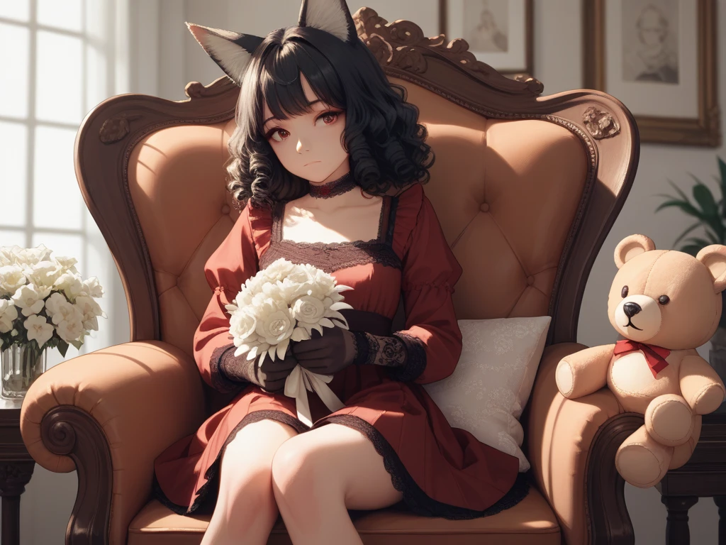 1girl, solo, curly hair, front bangs, black hair, long sleeves, dress with lace, choker, ribbon, holding, fox ears, sitting on a vintage chair, closed mouth, pensive expression, red hair, peony, frills and pleats, burgundy dress, fox ears, lace gloves, stuffed bear, stuffed animal, white flower, black lace gloves, bouquet, holding flower, antique chair, stuffed bear, holding stuffed toy, holding bouquet.
