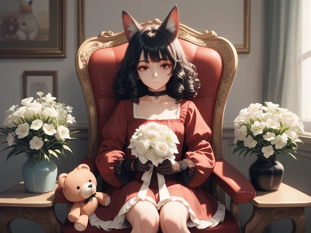 1girl, solo, curly hair, front bangs, black hair, long sleeves, dress with lace, choker, ribbon, holding, fox ears, sitting on a vintage chair, closed mouth, pensive expression, red hair, peony, frills and pleats, burgundy dress, fox ears, lace gloves, stuffed bear, stuffed animal, white flower, black lace gloves, bouquet, holding flower, antique chair, stuffed bear, holding stuffed toy, holding bouquet.
