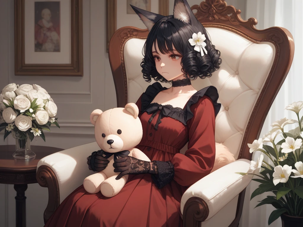 1girl, solo, curly hair, front bangs, black hair, long sleeves, dress with lace, choker, ribbon, holding, fox ears, sitting on a vintage chair, closed mouth, pensive expression, red hair, peony, frills and pleats, burgundy dress, fox ears, lace gloves, stuffed bear, stuffed animal, white flower, black lace gloves, bouquet, holding flower, antique chair, stuffed bear, holding stuffed toy, holding bouquet.
