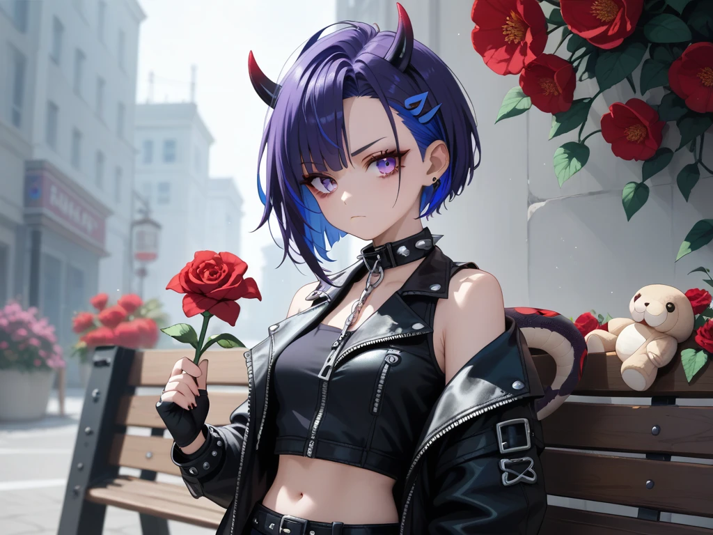 1girl, solo, spiky hair, colored streaks, purple hair, sleeveless, leather jacket, studded collar, chain, holding, demon ears, standing defiantly, closed mouth, fierce expression, blue hair, black rose, spikes and zippers, black leather jacket, demon ears, fingerless gloves, stuffed snake, stuffed animal, red flower, black fingerless gloves, single flower, metal bench, stuffed snake, holding stuffed toy, holding flower.
