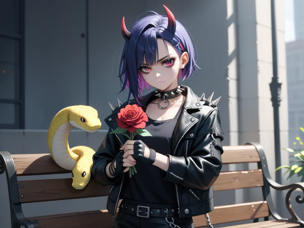 1girl, solo, spiky hair, colored streaks, purple hair, sleeveless, leather jacket, studded collar, chain, holding, demon ears, standing defiantly, closed mouth, fierce expression, blue hair, black rose, spikes and zippers, black leather jacket, demon ears, fingerless gloves, stuffed snake, stuffed animal, red flower, black fingerless gloves, single flower, metal bench, stuffed snake, holding stuffed toy, holding flower.
