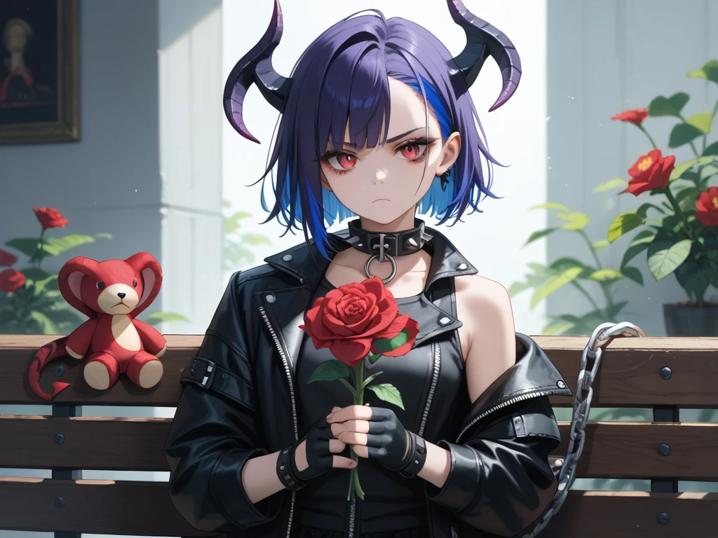 1girl, solo, spiky hair, colored streaks, purple hair, sleeveless, leather jacket, studded collar, chain, holding, demon ears, standing defiantly, closed mouth, fierce expression, blue hair, black rose, spikes and zippers, black leather jacket, demon ears, fingerless gloves, stuffed snake, stuffed animal, red flower, black fingerless gloves, single flower, metal bench, stuffed snake, holding stuffed toy, holding flower.
