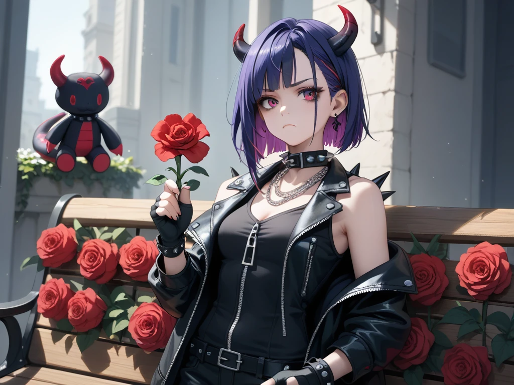 1girl, solo, spiky hair, colored streaks, purple hair, sleeveless, leather jacket, studded collar, chain, holding, demon ears, standing defiantly, closed mouth, fierce expression, blue hair, black rose, spikes and zippers, black leather jacket, demon ears, fingerless gloves, stuffed snake, stuffed animal, red flower, black fingerless gloves, single flower, metal bench, stuffed snake, holding stuffed toy, holding flower.
