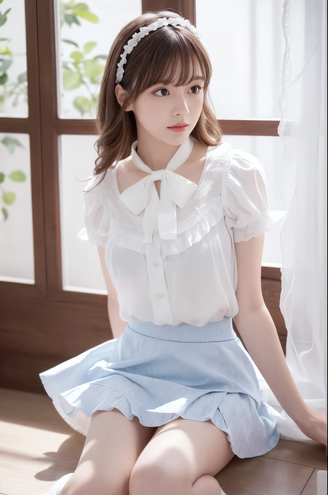 (indoor), (Window), (masterpiece), (最high quality), (Very detailedな), (Best Shadow), (photoRealistic:1.4), Frilled blouse, skirt, white ankle socks, high quality, masterpiece, Very detailedな, High resolution, 4K, 超High resolution, Detailed Shadows, Ultra-realistic, Dramatic lighting, One Girl, alone, Detailed face, Realistic eyes, Realistic Skin, Dynamic Hair, Dynamic pose, Dynamic Angle, White floral dress, White Background, Urzan-6500-v1.1, (RAW Photos:1.2), ( Realistic:1.4), Beautiful detailed girl, Very detailed eyes and face, Beautiful attention to detail, Ridiculous, incredibly Ridiculous, Large file size, Very detailedな, High resolution, Very detailed, 最high quality, (Bright interior), (Soft Light), (Low contrast), (Shallow depth of field), (portrait of a beautiful woman illuminated by gentle light), (Very delicate and elegant depiction), (Short bangs), (Hair color is dark chestnut with a slight brown tinge), (Hair with subtle and gentle waves), (Decorated with thin ribbons), ( White blouse with small frills), (bow tie), (青いロングskirt), (White short ankle socks), shape, Very detailed, CG, Unified, 8k wallpaper, wonderful, Finer details, 最high quality, Very detailed CG Unified 8k wallpaper, Face Light, Cinema Lighting,