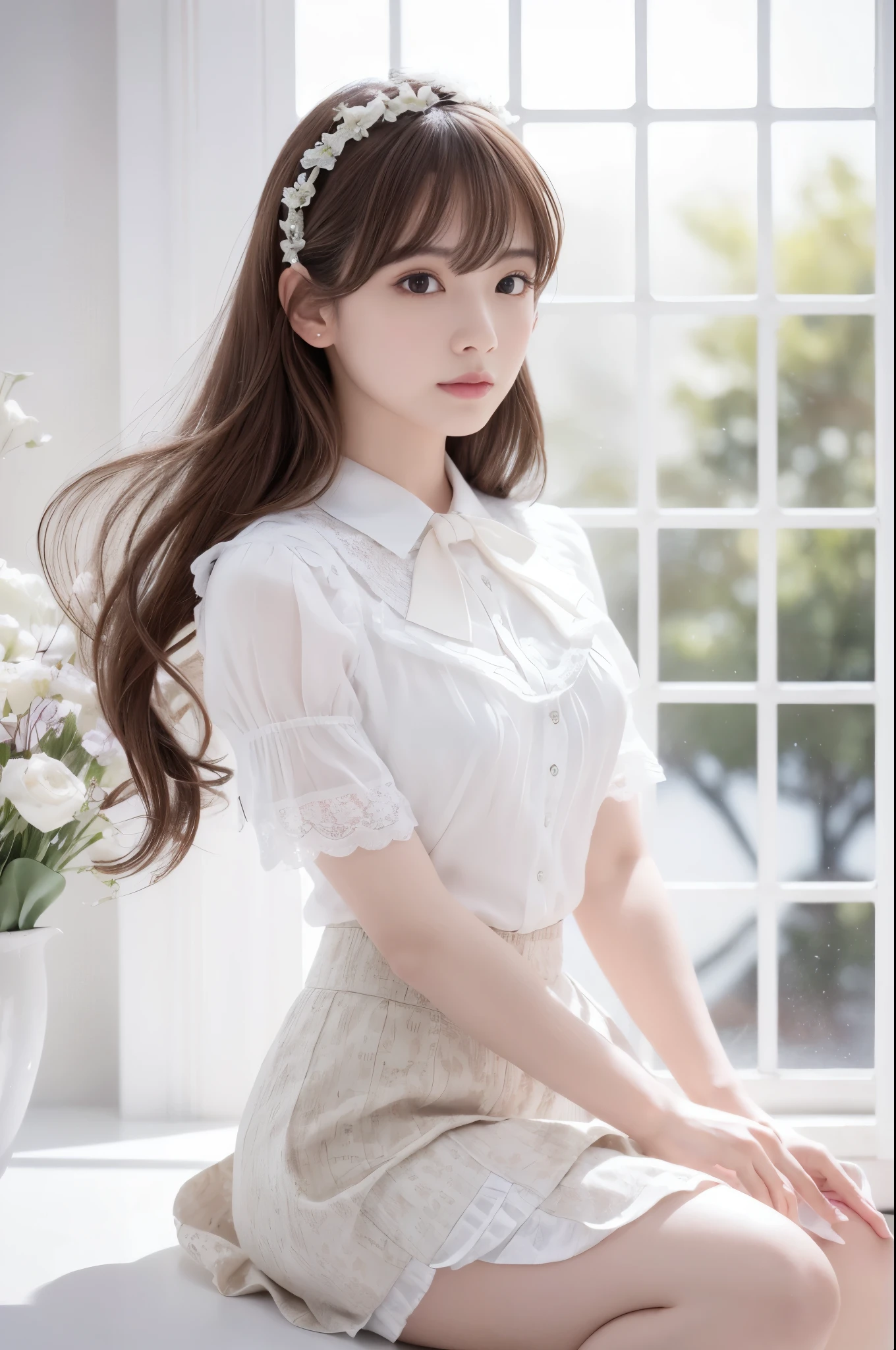 (indoor), (Window), (masterpiece), (最high quality), (Very detailedな), (Best Shadow), (photoRealistic:1.4), Frilled blouse, skirt, white ankle socks, high quality, masterpiece, Very detailedな, High resolution, 4K, 超High resolution, Detailed Shadows, Ultra-realistic, Dramatic lighting, One Girl, alone, Detailed face, Realistic eyes, Realistic Skin, Dynamic Hair, Dynamic pose, Dynamic Angle, White floral dress, White Background, Urzan-6500-v1.1, (RAW Photos:1.2), ( Realistic:1.4), Beautiful detailed girl, Very detailed eyes and face, Beautiful attention to detail, Ridiculous, incredibly Ridiculous, Large file size, Very detailedな, High resolution, Very detailed, 最high quality, (Bright interior), (Soft Light), (Low contrast), (Shallow depth of field), (portrait of a beautiful woman illuminated by gentle light), (Very delicate and elegant depiction), (Short bangs), (Hair color is dark chestnut with a slight brown tinge), (Hair with subtle and gentle waves), (Decorated with thin ribbons), ( White blouse with small frills), (bow tie), (青いロングskirt), (White short ankle socks), shape, Very detailed, CG, Unified, 8k wallpaper, wonderful, Finer details, 最high quality, Very detailed CG Unified 8k wallpaper, Face Light, Cinema Lighting,