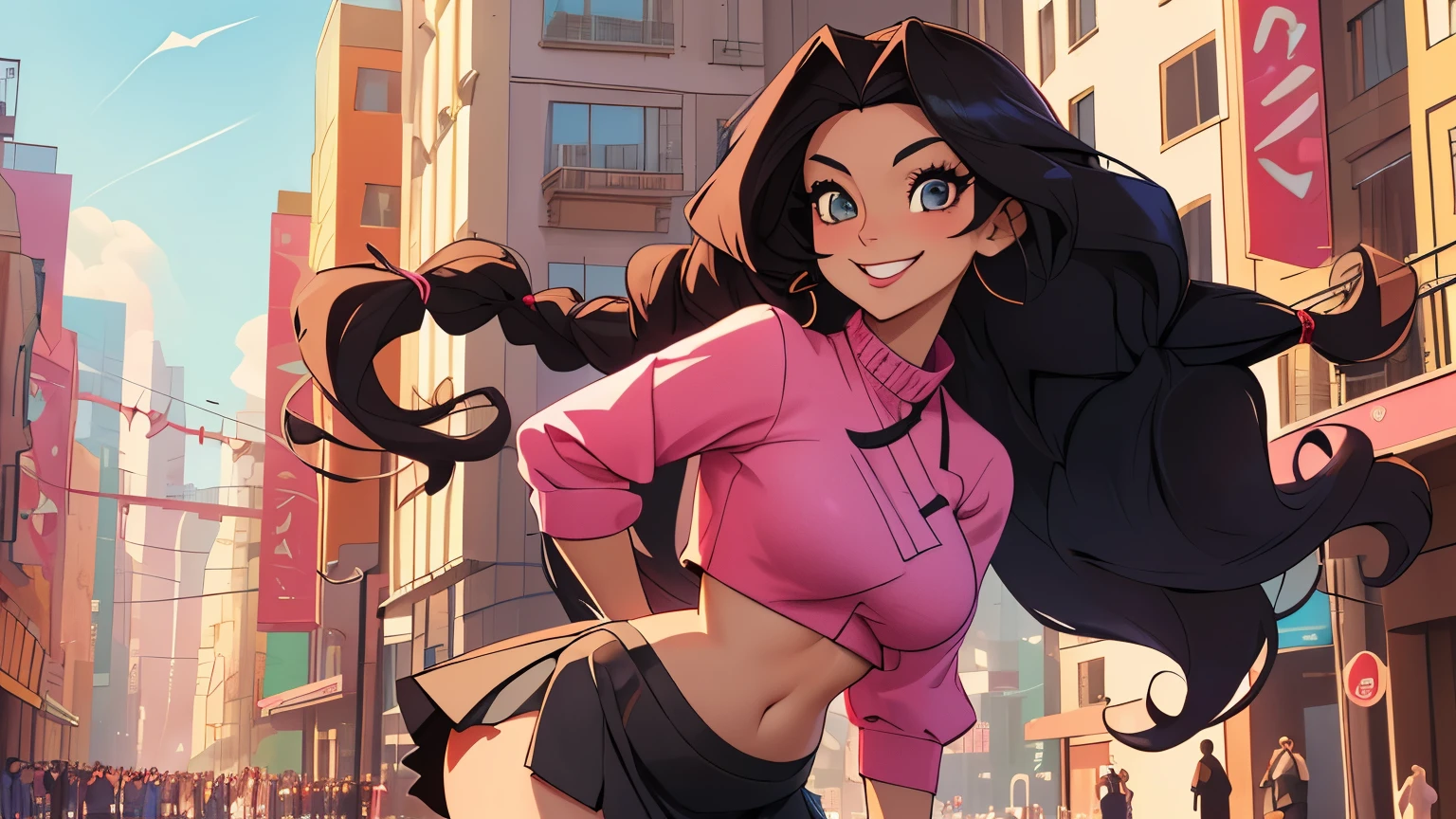 anime, 28 year old woman, mischievous smile, long hair, dark hair color, stylish hairstyle, side hair long lush hair, long curls of hair pulled to the sides, Braids within the hair, curvy body, proportional body, hands with correct anatomy, sexy girl, beautiful mature girl, lovable character, crop top, short skirt, clarity, detailed, detailed face, very detailed drawing, smile, flirty look, city background, saturated background, perfect composition, soft natural volumetric cinematic perfect light, masterpiece