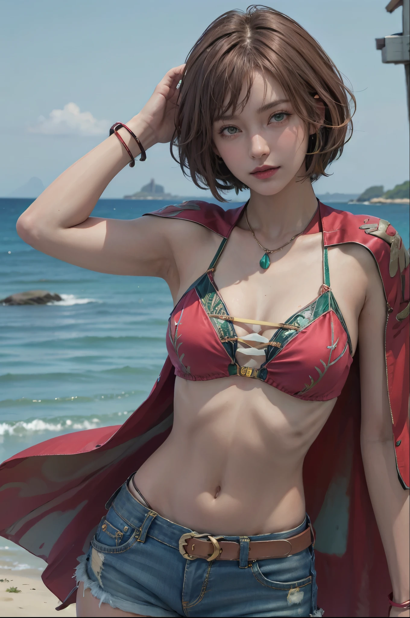  Photorealistic,    High resolution   , miss, Shining Skin,  Unique, Tattoo, Jewelry,   pink lips  , Short hair,  brown hair ,   green eyes, residence,    hip up   ,green sling bikini， denim shorts，Red Cape，Seaside background