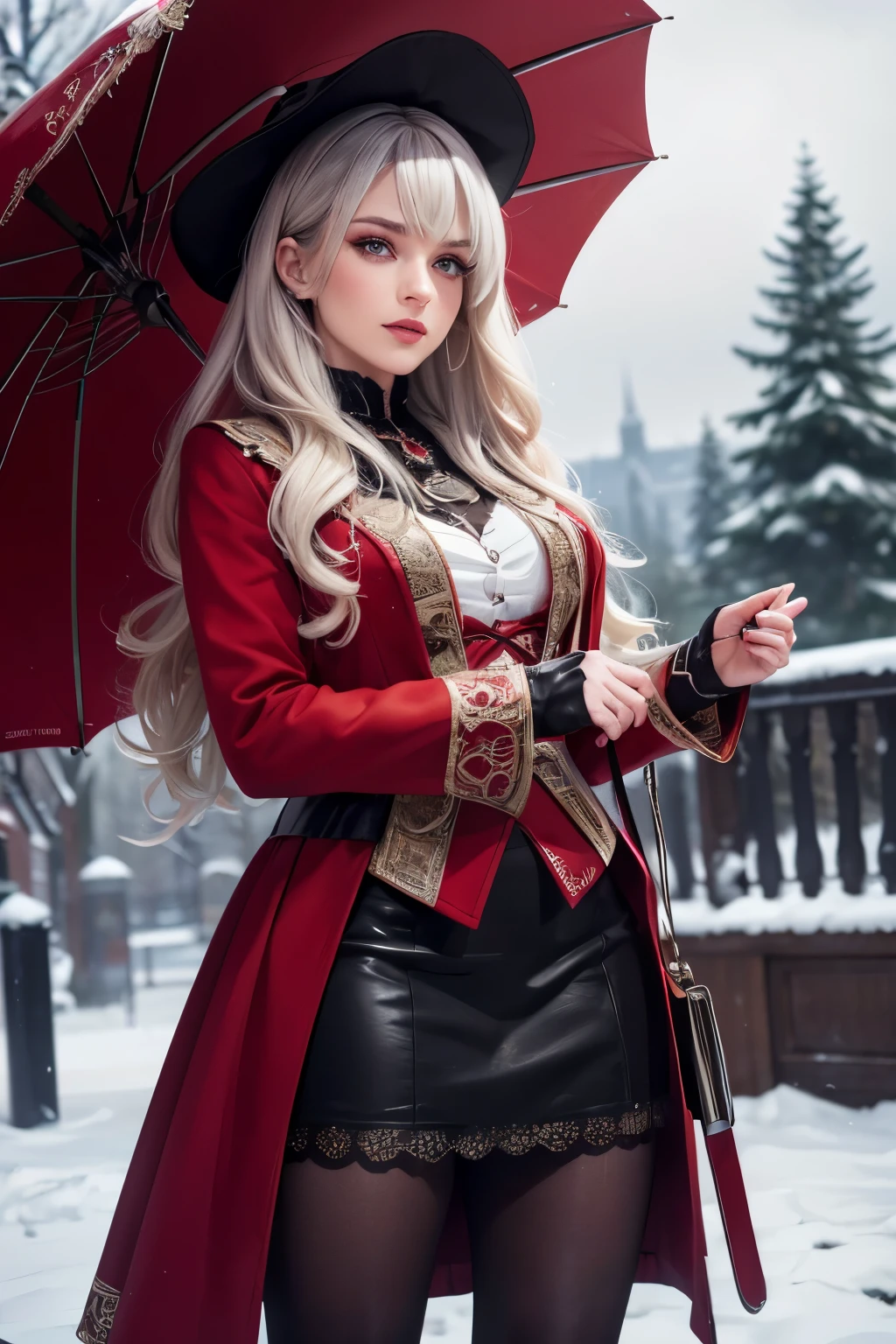 A 30 year old witch with long grey hair, wearing a red and white hat, a black boots, a red skirt and white pantyhose, standing in a winter background, holding a trolley, detailed face, beautiful detailed eyes, beautiful detailed lips, extremely detailed eyes and face, long eyelashes, (best quality,4k,8k,highres,masterpiece:1.2),ultra-detailed,(realistic,photorealistic,photo-realistic:1.37),HDR,UHD,studio lighting,ultra-fine painting,sharp focus,physically-based rendering,extreme detail description,professional,vivid colors,bokeh,fantasy,portrait
